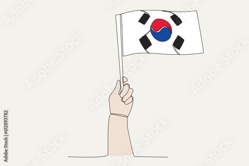 A hand raised the South Korea flag. Flag one-line drawing