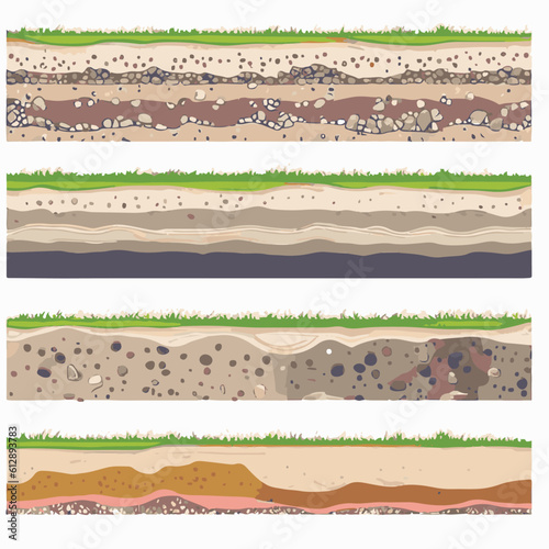 Seamless ground cross sections,layers under earth underground textures set. vector illustrations
