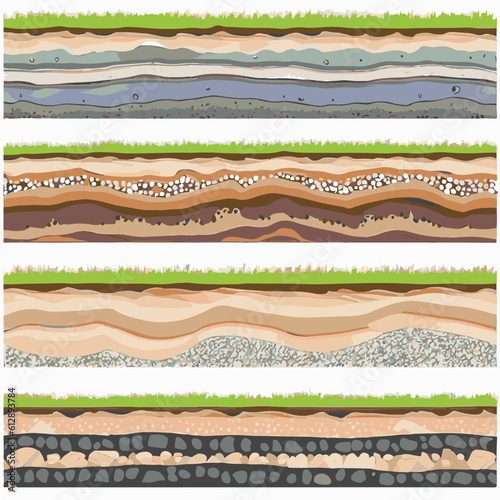 Seamless ground cross sections,layers under earth underground textures set. vector illustrations