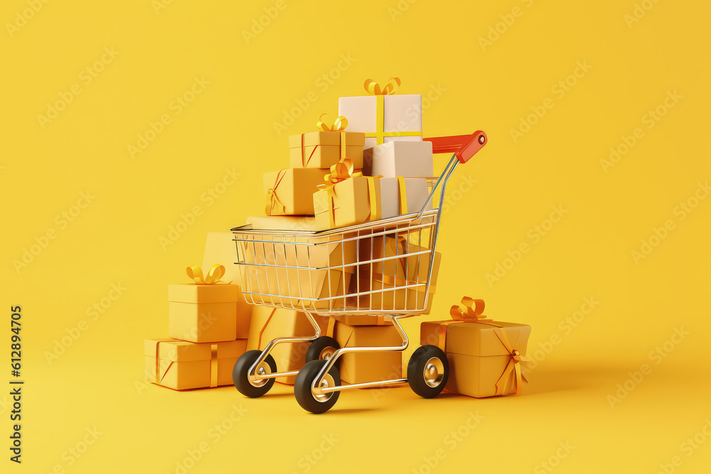 Shopping cart with gift boxes, isolated on yellow background, Generative AI Shopping cart with gift boxes, isolated on yellow background, Generative AI