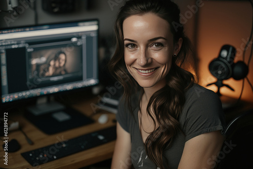 Woman streamer sitting at desk and looking at camera at home. AI Generative