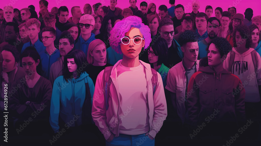 Group of non-binary people. Diverse cartoon young adult people without gender identity in flat style. AI Generative Group of non-binary people. Diverse cartoon young adult people without gender identity in flat style. AI Generative