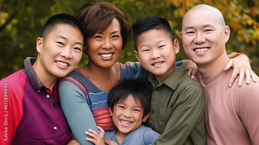 Happy young homosexual couple with diverse children while looking at home. AI Generative Happy young homosexual couple with diverse children while looking at home. AI Generative