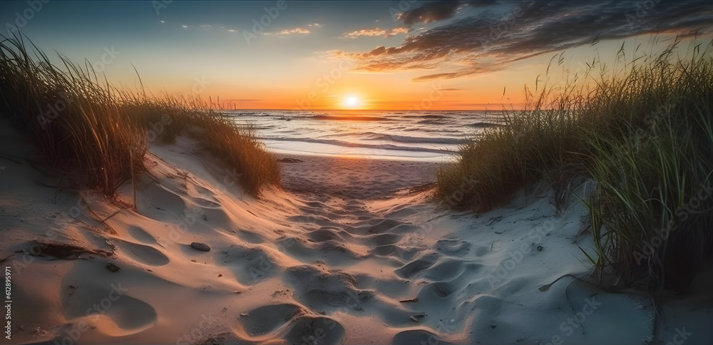 Vibrant orange sunset landscape of the sea horizon and cloudy sky golden hour evening, beautiful pathway at the sandy beach good for background. Generative AI technology. Vibrant orange sunset landscape of the sea horizon and cloudy sky golden hour evening, beautiful pathway at the sandy beach good for background. Generative AI technology.