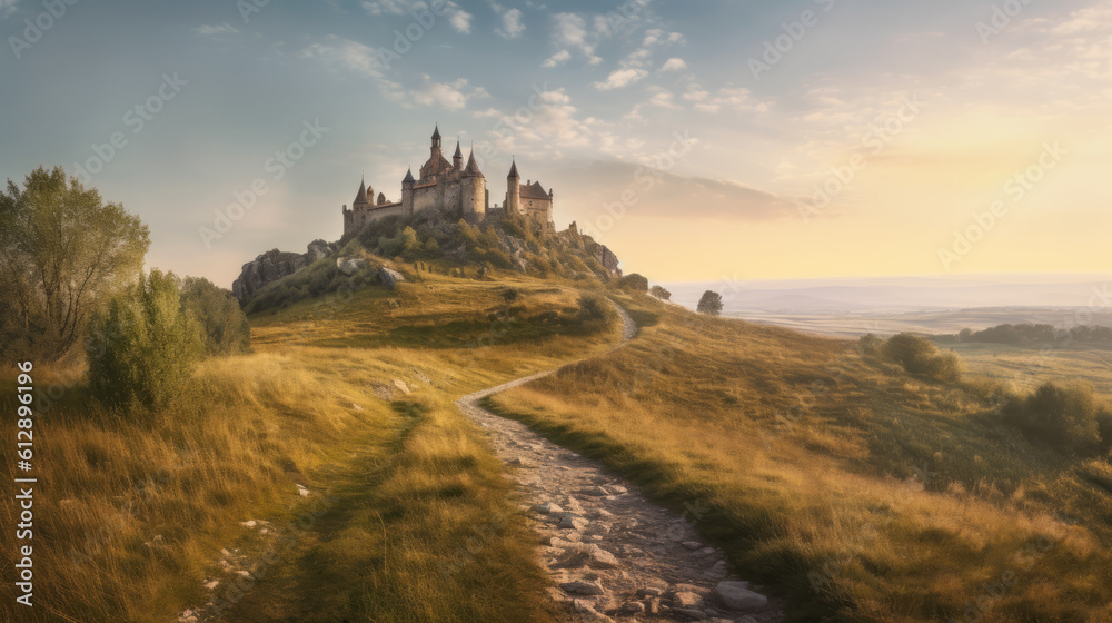 Trail leading to medieval fairytale castle at the top of a hill at sunrise, fantasy illustration. 