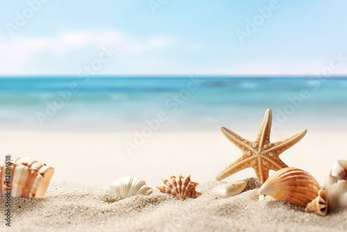 Vacation concept - starfish and seashells on the beach,
