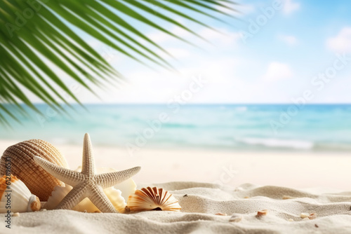 Vacation concept - starfish and seashells on the beach 