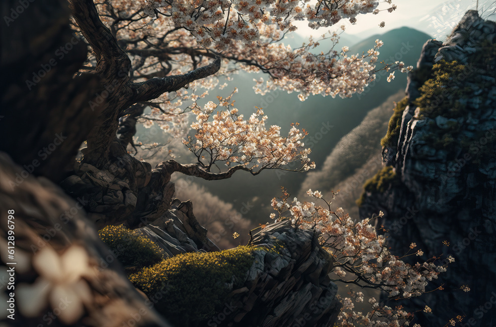 cherry blossom tree on top of a mountain encircled by sunny ,Mountain View, Chinese style