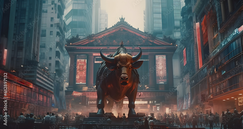 Bull with background of central bank. Concept of bullish market. AI generated Bull with background of central bank. Concept of bullish market. AI generated