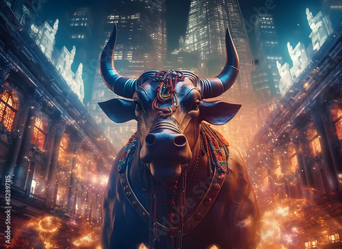 Bull statue in the city. Concept of bullish market. AI generated