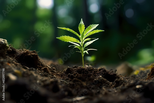 A young marijuana plant is growing out of the soil-Generative AI
