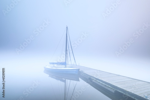 yacht by pier in dense fog