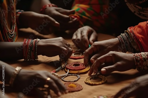 Artesanas africanas elaborando pulseras tradicionales con habilidad y destreza