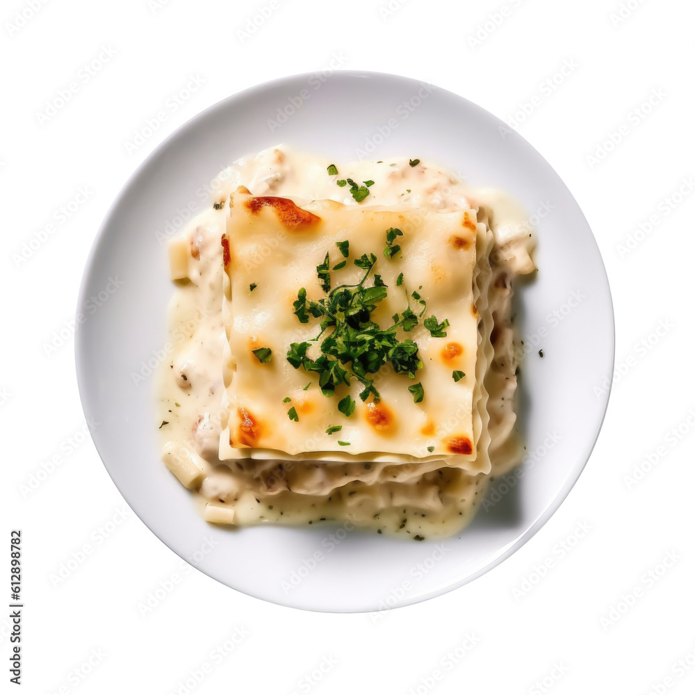 Plate of Chicken Lasagna on a Transparent Background. Generative AI Plate of Chicken Lasagna on a Transparent Background. Generative AI