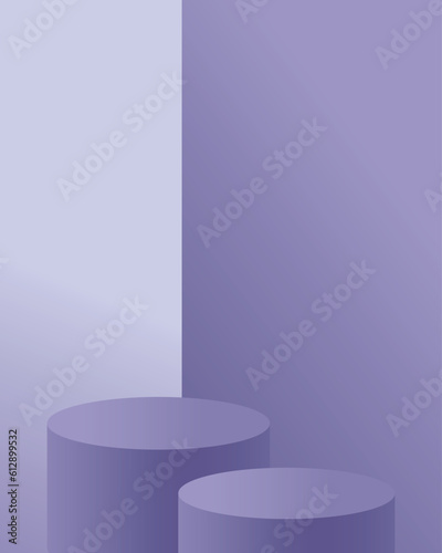 3d background products display podium scene with cylinder platform. Stand to show cosmetic product vector mock up. Violet podium isolated on violet background, eps 10.