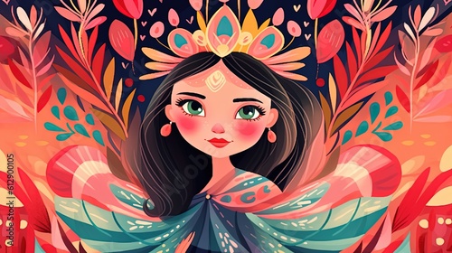 children book style character, pretty princess in flower garden, Generative Ai