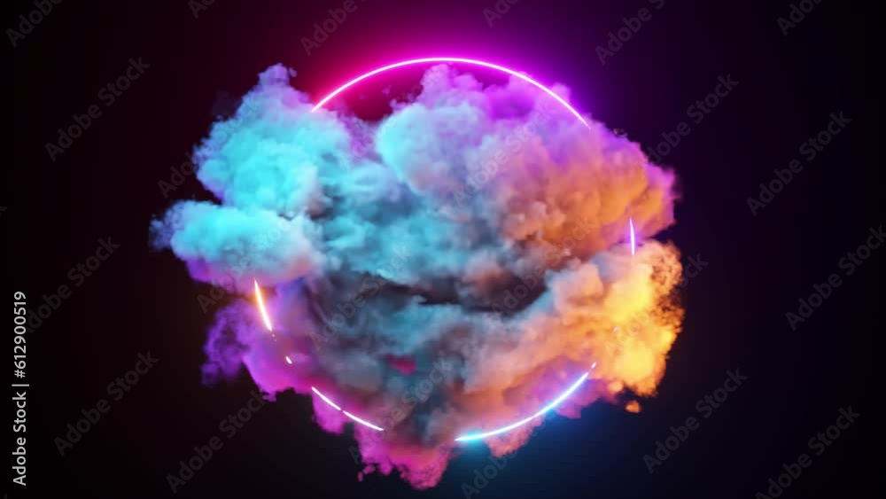 Sci-fi retro laser neon abstract technology background. A multi-colored cloud rotates around a neon circle. 3d animation