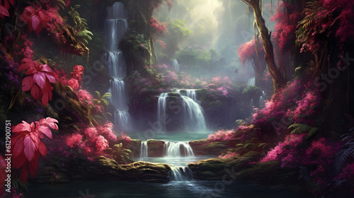 A cascading waterfall amidst a verdant rainforest, surrounded by towering trees adorned with exotic and vibrant flowers. Generative ai.