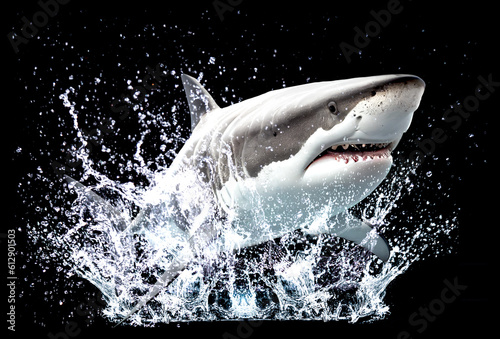 ferocious shark on water splash on black background