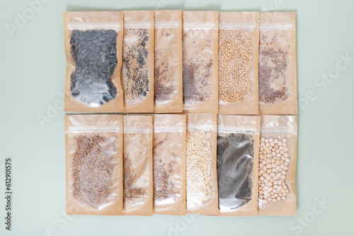 Set for growing sprouts from seeds. Sunflower, radish, pea seeds lay flat, top view