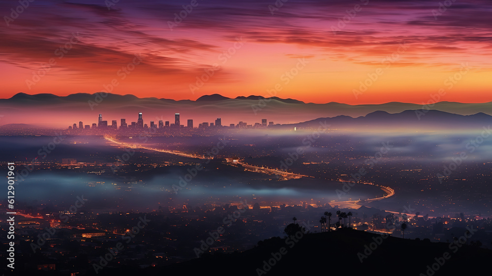 Slow pan of downtown Los Angeles shot from East LA during sunset. Generative ai Slow pan of downtown Los Angeles shot from East LA during sunset. Generative ai