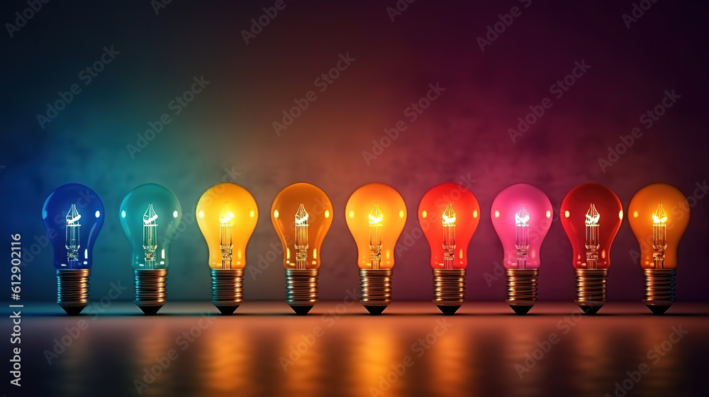 Idea concept with row of light bulbs and glowing bulb. Generative ai Idea concept with row of light bulbs and glowing bulb. Generative ai