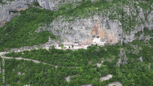 Ostrog Monastery. Montenegro. Incredible view of the legendary Ostrog Monastery. Aerial view. photo