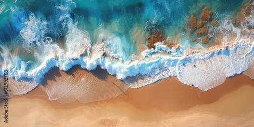 Top view on blue ocean waves with white foam crashing on the sandy beach shore. Beach summer vacation on seashore, horizontal banner mockup. Generative AI drone overhead photo imitation.
