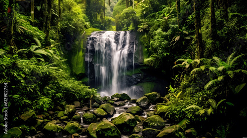 A cascading waterfall amidst a verdant rainforest  surrounded by towering trees adorned with exotic and vibrant flowers. Generative ai.