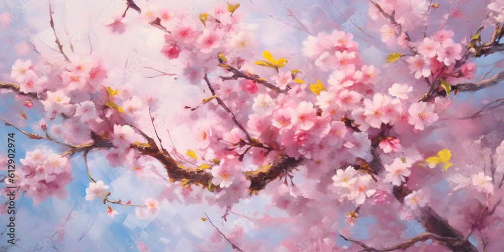Delicate cherry blossoms floating in the air, their soft pink petals dancing in the breeze, under the clear blue sky of a peaceful spring day. Generative ai.