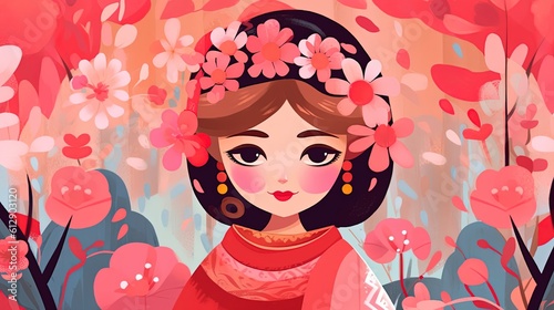 children book style character, pretty Asian princess in pink flower garden, Generative Ai
