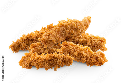 Fried Chicken breast hot crispy strips crunchy chicken tenders five pieces isolated on white background	
