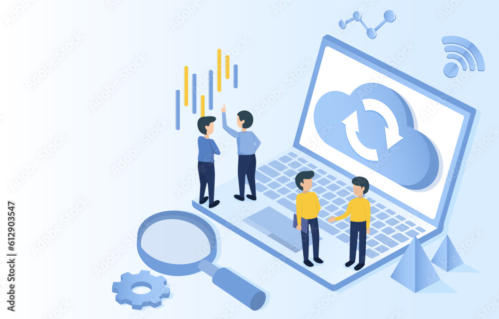 Cloud computing backup concept. Online networking, upload, download, storage, technology. Business people meeting to discuss analyzing data and protect database. Isometric 3D vector illustration. Cloud computing backup concept. Online networking, upload, download, storage, technology. Business people meeting to discuss analyzing data and protect database. Isometric 3D vector illustration.