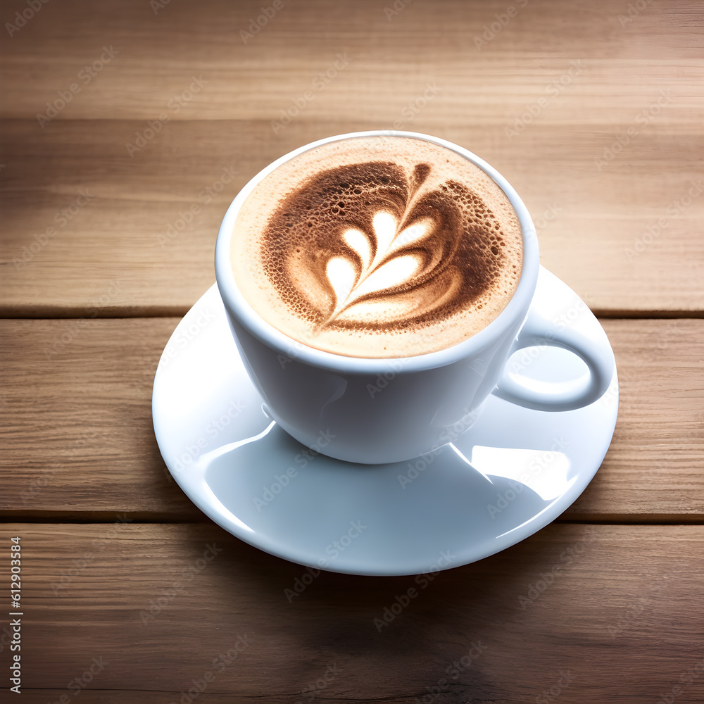 Obraz premium Cup of cappuccino with decorative foam on a wooden table. Generative AI