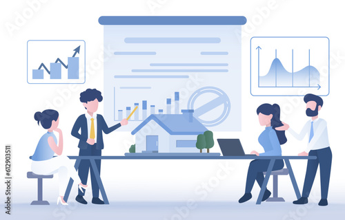 Real estate contract and house purchase agreement deal concept. Agent presentation chart or report show the growth potential and value of the property as an investment. Vector illustration.