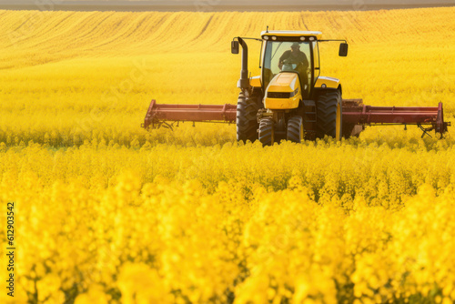 combine harvester tractor harvesting and collecting in field of yellow flowers. generative ai