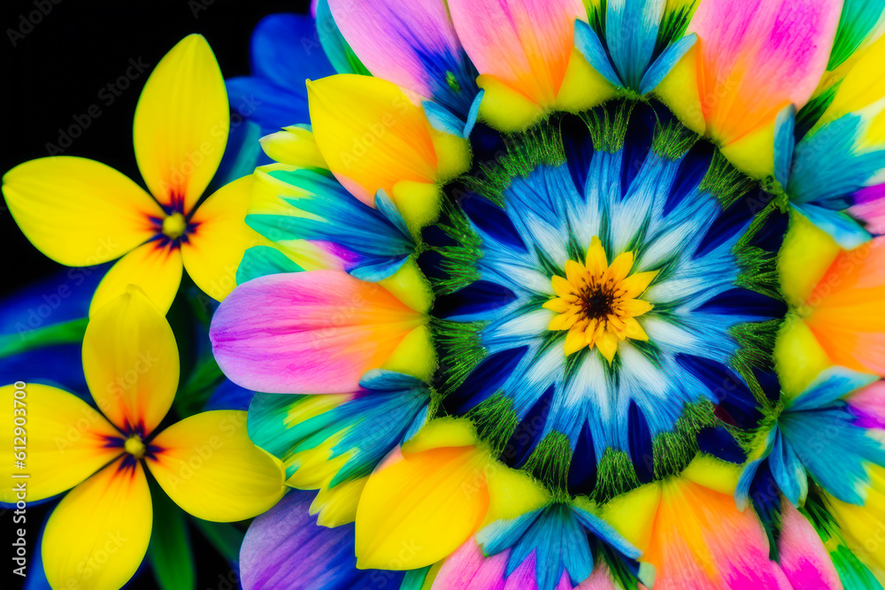 Pattern of yellow and blue, bright flowers. Fantastic, fantasy, colorful flowers. Generative AI
