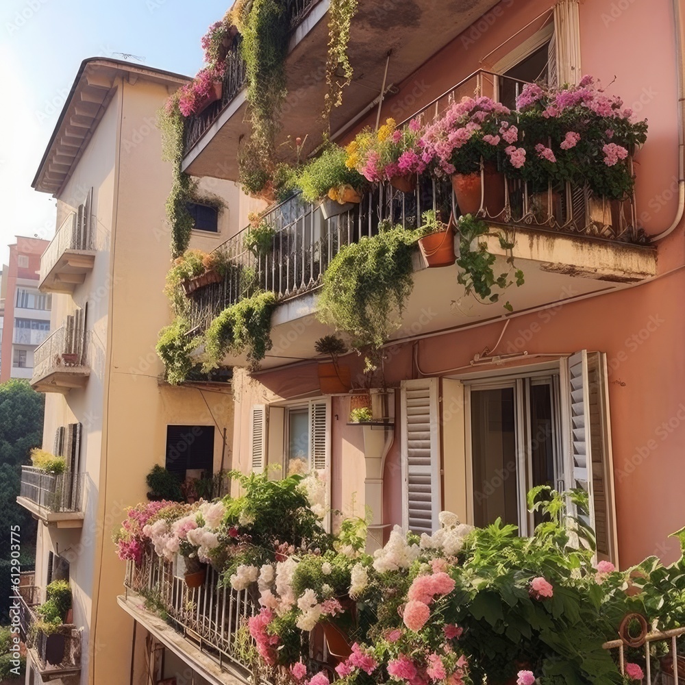 Beautiful balcony with lots of flowering plants. Generative AI
