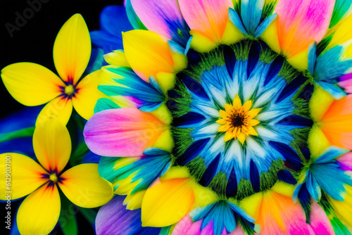 Pattern of yellow and blue  bright flowers. Fantastic  fantasy  colorful flowers. Generative AI