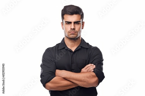 Serious young man with folded arms looking at camera isolated on white background. Generative AI