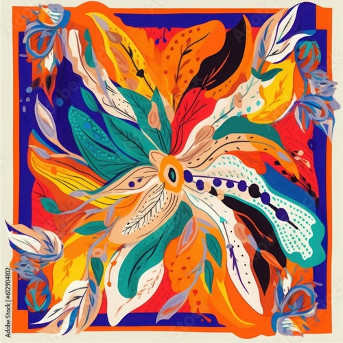 Silk scarf modern design with bright colorful artistic floral ornament. Abstract ethnic style. Fashionable  template for your design  Generative AI