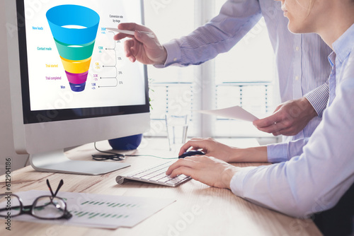 Marketing funnel and data analytics used by a team of sales consultant to analyze leads generation, conversion rate, and sales performance of e-commerce. Multi-channel advertising, customer journey. photo