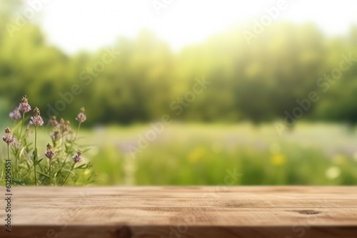 Wooden Table on Blurred Spring Meadow © M.Gierczyk