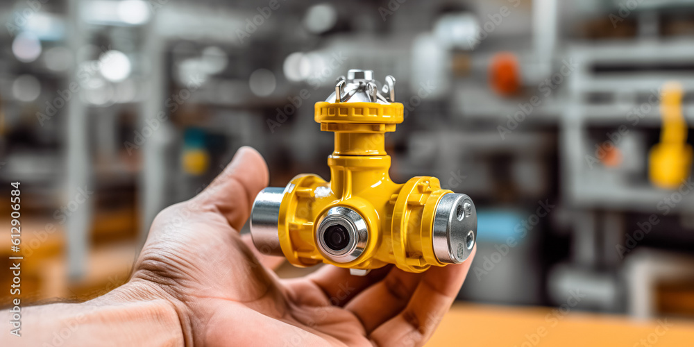 Worker holds gas isolation valve. The yellow handle ball valve is a full bore brass ball valve suitable for use with natural gas and LPG. Compression Isolation Valve - obrazy, fototapety, plakaty 