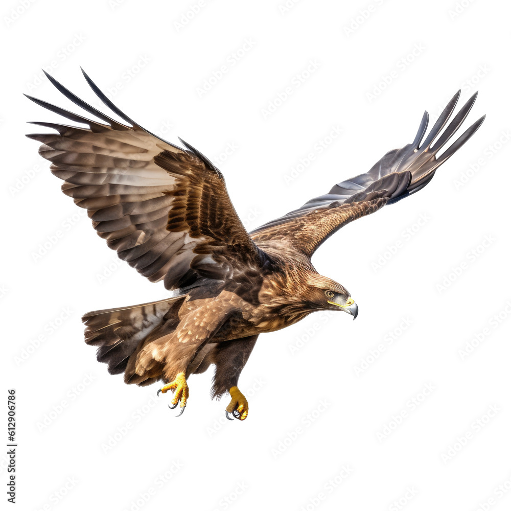 Obraz premium a Golden Eagle in flight in various positions, magnificent Raptor Wildlife-themed, photorealistic illustrations in a PNG, cutout, and isolated. Generative AI