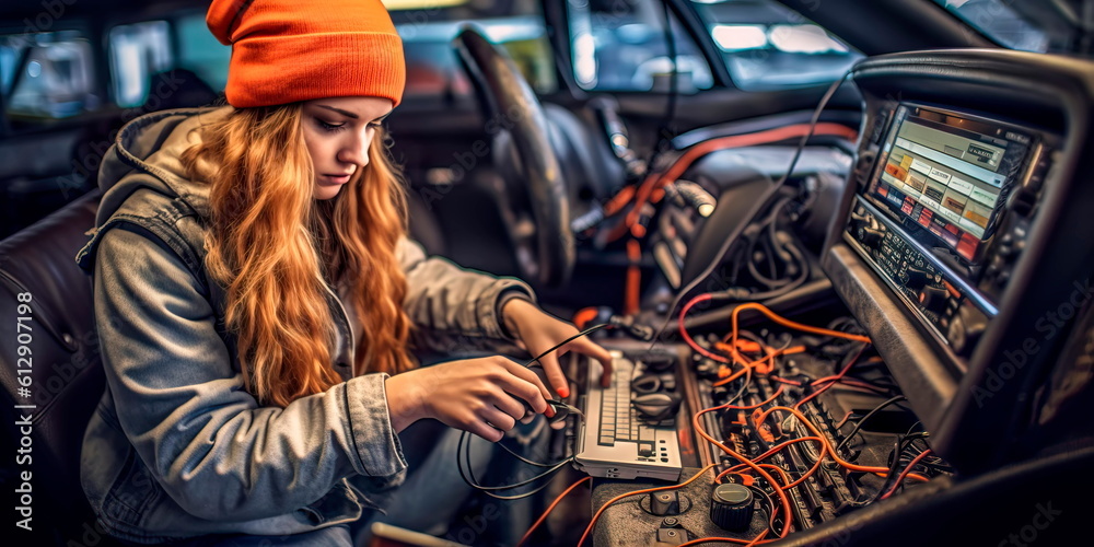 Obraz premium woman using a diagnostic tool to identify and fix a problem with the car's computer system Generative AI