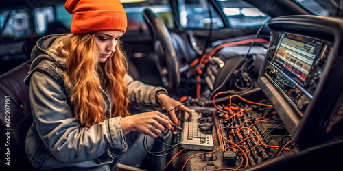 woman using a diagnostic tool to identify and fix a problem with the car's computer system Generative AI photo