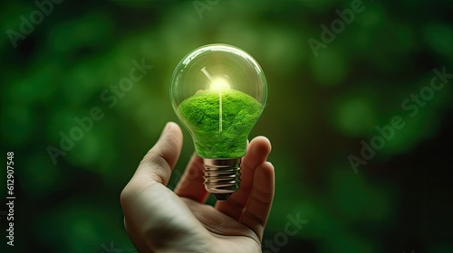 Hand-holding the light bulb and green world map on a green background in the concept of green energy, Renewable energy, and clean energy. Environmental sustainable energy sources