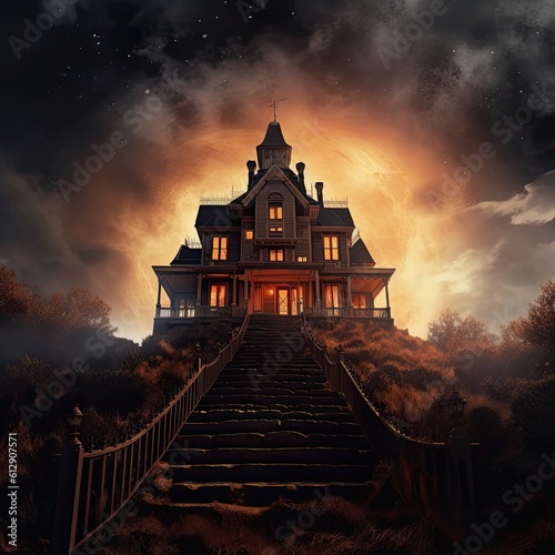 dark gloomy Victorian mansion is on fire on top of a hill. Postcard, template for Halloween. Scary mystical house. Fire in the house. Generative AI technology © Olena