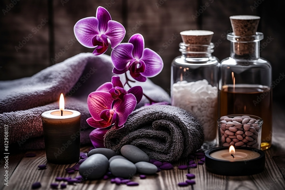 Spa composition. Massage oil, towels, candles, spa stones, and orchids. Generative AI. Spa composition. Massage oil, towels, candles, spa stones, and orchids. Generative AI.